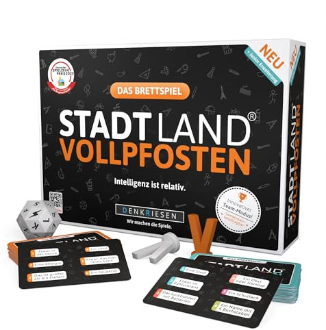 DENKRIESEN - Stadt Land Vollpfosten® Das Brettspiel | Grundspiel inkl. Junior Erweiterung | Ab 8 Jahren | 4-12 Spieler | Partyspiel | Blitzwürfeln & Langen Spielrunden | Familienspiel