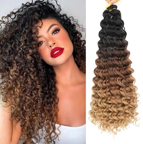 AMLUCKS Deep Wave Crochet Braids Hair Ocean Wave Braiding Hair för svarta kvinnor flickor syntetiska vattenvåg virkade hårförlängningar för bohoflätor (1B/30/27#, 16 tum–3)
