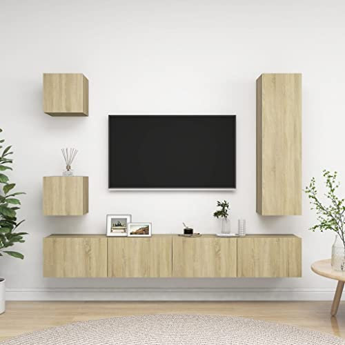 Homgoday TV-möbelset 5 st flerskikts trä Sonoma Ek, Vardagsrum TV-skåp, TV-bord, TV-bord, vardagsrum TV-skåp, industriellt TV-stativ