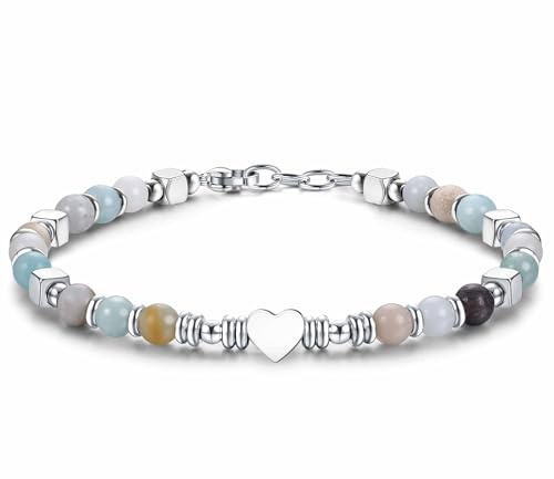 CASSIECA Perlenarmband Damen Natürliches Steine Edelstahl Herz Armband | Einstellbare Tigerauge Türkis Armband Weihnachten Geburtstag Geschenke Frauen Herren Armband Schmuck mit Geschenk Box