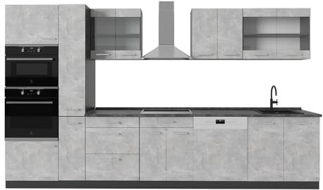 Vicco Küchenzeile R-Line, Beton/Anthrazit, 350 cm, AP Anthrazit, zur flexiblen Erweiterung durch zusätzliche Module geeignet