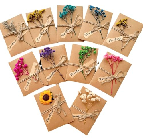 10 Pcs Biglietto Di Auguri Cartolina Buste, Retrò Busta Carta Kraft Invito, Retrò Carta Kraft Fiori Secchi Confezione da Biglietto Auguri Compleanno, per Matrimonio Compleanno Natale