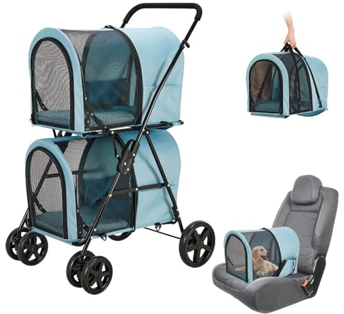 Joyfultails Hundewagen 4IN1 Hundebuggy Klappbar für 2 Hunde & Katzen bis 20kg, Doppel-Haustier-Kinderwagen Faltbarer Zweisitzer Hundebox Transporttasche mit Netzfenster, Sicherheitsleinen Blau
