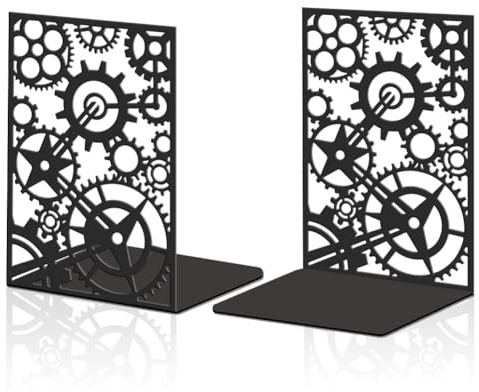 Hobbspring 1 paire de serre-livres décoratifs pour étagères, 11 x 13,5 x 20 cm, grande roue dentée, serre-livres, en métal, noirs, pour livres lourds, pour la maison, le bureau, l'école