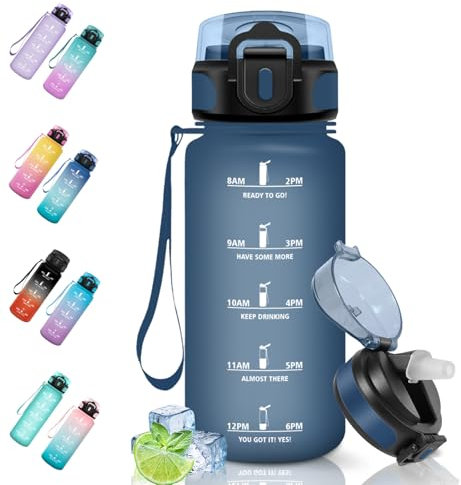 Motswedi Botella Agua, 500ml Sin BPA, Botella Agua Niños con Pajita, Reutilizable, a Prueba de Fugas, Cantimplora para Gym, Oficina, Escuela, Yoga, Azul Oscuro