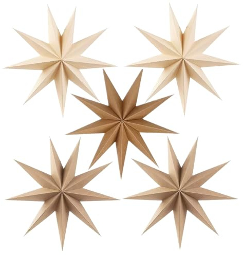 5 Pieces Beige Brown Christmas Paper Star,12 Large 9 Pointed 3D Hanging Star for Xmas Weddings Holiday Birthday Party Home Celebration Decoration