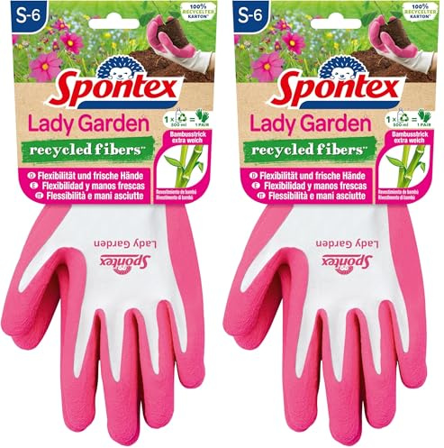 Spontex Lady Garden Gartenhandschuhe mit extra weichem Strick aus Bambus-Viskosefasern und recyceltem PET, Größe S, 1 Paar, Farbe nicht frei wählbar (Packung mit 2)