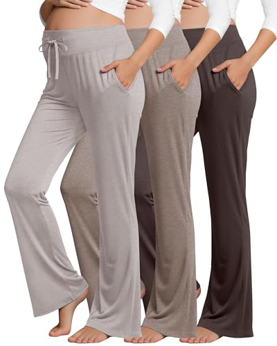 Neer 3 Pack Women's Maternity Lounge Pants Pregnancy Wide Leg Casual Sweatpants Drawstring Flare Pants with Pockets(Apricot, Light Coffee, Dark Brown,Small)