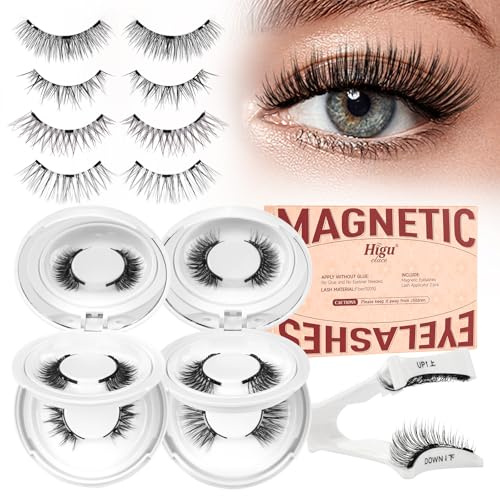 Magnetic-Eyelashes with Applicator, Higu clace Magnetic-Lashes No Glue or Eyeliner Needed, 1 Pair Reusable Eye Lash Kit Natural Look, False Eyelash Easy to Wear and Remove(4PAIRS-KIT-A2)