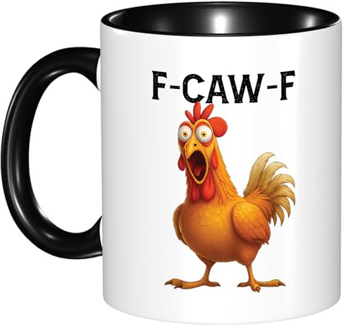Custom Moments F-Caw-F Funny Chicken Mug 11oz – Angry Rooster Meme Cup, Crazy Hen Coffee Mug, Farm Animal Humor Gift for Friends, Party Lovers & Coworkers (F-CAW-F Black)