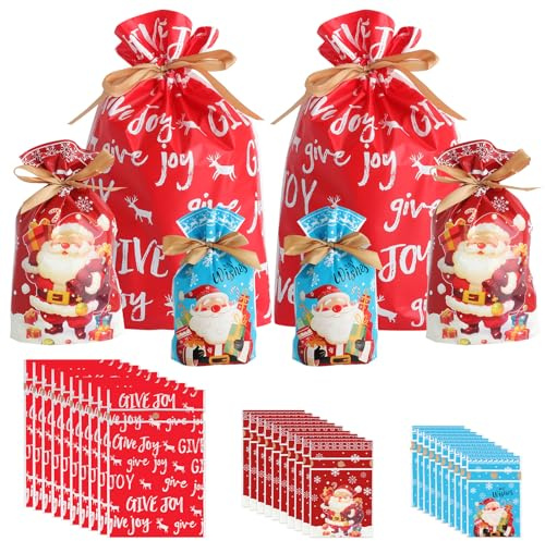 Julklappspåsar, set 30 stycken – presentpåse jul med dragsko i 3 storlekar, julpåsar med festlig design som presenter till födelsedagsfester och familjefester