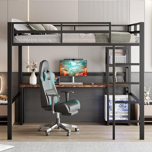 Kebnor Hochbett, 140 x 200cm, Eisenrahmen, mehrere Einlegeböden, Schreibtisch mit Steckdose, mit USB Type-c, Geländer, Trittleiter, Schwarz,(ohne Matratze)