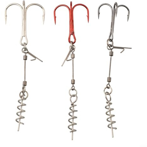 Honseadek Lot de 3 hameçons triples de pêche avec goupille à ressort central pour les bas de ligne à vis Twistlock et leurres souples, en acier à haute teneur en carbone pour la pêche au brochet et en