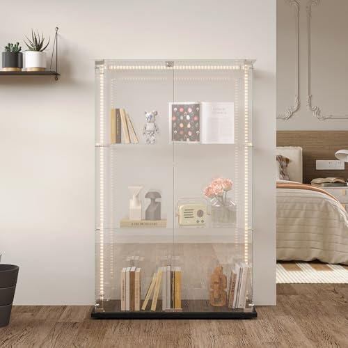 Glasvitrinskåp, vitrinskåp i glas med LED, 3 våningar belysning, glasvitrinskåp, upprätt förvaringsskåp, med säkerhetslås för vardagsrum, sovrum, kontor (dubbelöppen, svart + LED-remsor)