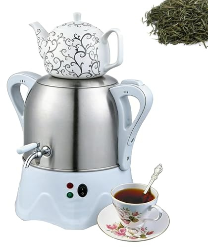 Bollitore elettrico per tè turco, bollitore elettrico per acqua calda a 2 livelli, teiera in acciaio inox da 3 litri, teiera in ceramica da 1 litro, funzione di spegnimento automatico(White)