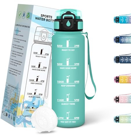 Mulbijeo Gourde 1L, Portable, Bouteille, Slogans de Motivation Marqueur Horaire, Gourde Sport, Étanche & Réutilisable, Bouteille D'eau pour Salle de Sport, Fête, Bureau, Extérieur, Camping