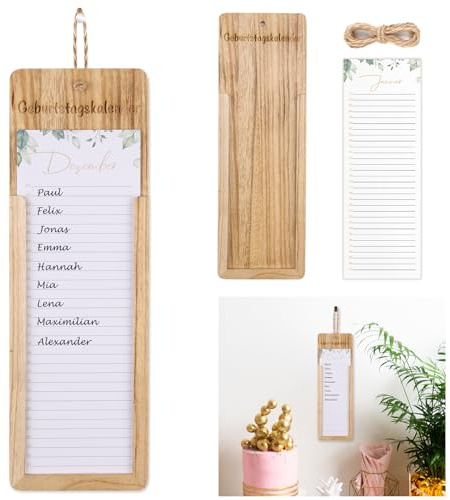 12 fogli in legno per compleanno, indipendentemente dall'anno, calendario perpetuo, non datato, 12 x 30 cm, calendario di compleanno da parete, stampa su entrambi i lati, calendario familiare per il