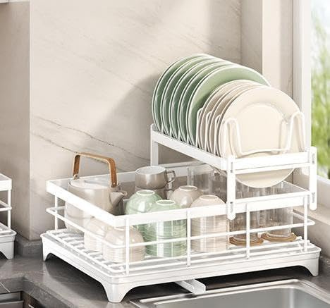 devesanter 2-Tier Kitchen Drain Rack,Dish Dryer with Cutlery Basket and Drip Tray, with 360°Spout,Space-Saving Sink Drainer for the Kitchen (White)