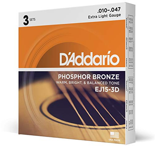 D'Addario EJ15-3D Fosforbrons Akustiska Gitarrsträngar, Extra Lätt, 3 Set