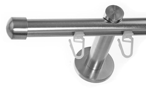 BASIT Gardinenstange Innenlauf Edelstahllook 16mm 1-läufig Wand 200cm H70 | Gardinenstangenset einläufig Wandmontage Metall Vorhangstange Wandhalterung 120-600cm wählbar Kappe E17