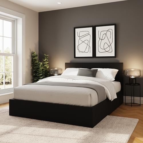GFW Classic Side Lift Double Black Faux Leather Ottoman Bed, Storage Bed with Hydraulic Lift and Stitched Headboard