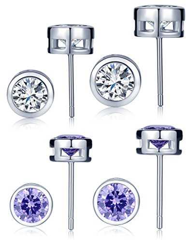 Yumilok 4 pares de pendientes básicos de plata de ley 925, color blanco/lila, con circonitas, para mujeres y niñas