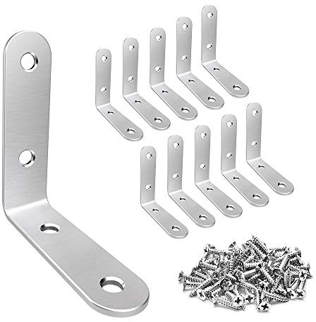 LuckIn 20 Pcs L Bracket Stainless Steel Corner Brace Sets, 90 Degree Right Angle Shelf Brackets with Screws for Wood Furniture, Chairs, Table, 50mm x 50mm, Silver, 2 Inch
