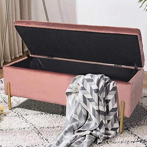 BAKAJI Cassapanca Pouf Contenitore Poggiapiedi Camera da Letto Panca Sgabello Struttura in Legno Rivestimento in Tessuto Velluto Seduta Apribile Imbottita Pidini Dorati (Rosa)