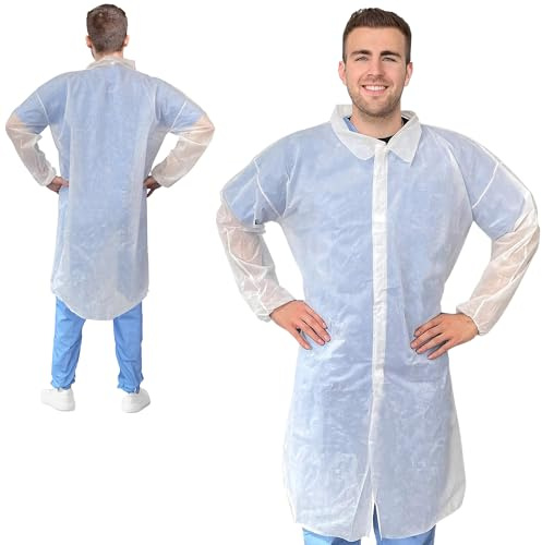 AMZ Supply White Disposable Lab Coats for Adults, 3X-Large. Pack of 5 Medical PPE Disposable Clothing. Polypropylene 40 GSM Knee Length Lab Coat with Elastic Wrists, Folded Collar, No Pockets