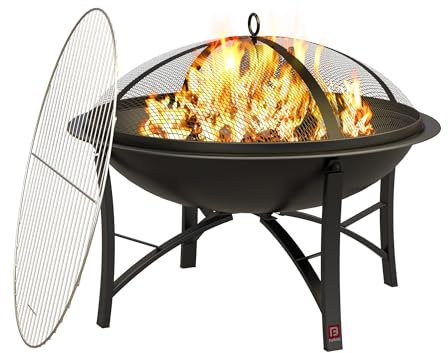 Fire Beauty Feuerstelle für Holzverbrennung im Freien, Grill, Stahl-Feuerschale mit Grillrost, Funkenschutzabdeckung, Holzrost, Schürhaken für Camping, Strand, Lagerfeuer, Picknick, Hinterhof, Garten