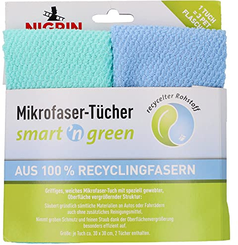 NIGRIN smart n green Mikrofasertücher, für Fahrrad & Auto, fusselfrei, schlierenfrei, streifenfrei, 2 Stück