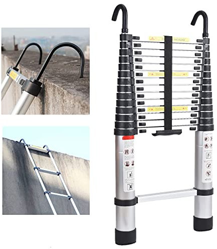 Échelle Télescopique 4.4M en Aluminium Argent avec Crochets de Toit Telescopic Ladder Bricolage Pliable Extensible Ladder Charge 330lbs (150 kg)