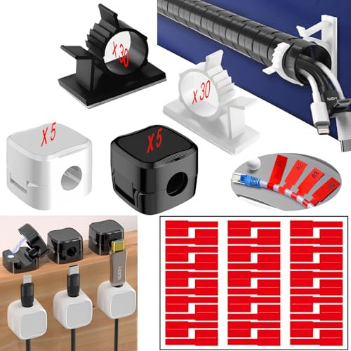 Clip para Cable Ajustable, Organizador Cables Escritorio, Sujeta Cables Adhesivo Pared, Juego de Cable Management Incl. 60 Grapas para Cables, 10 Soporte para Cables de Carga, 30 Etiquetas para Cable