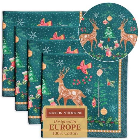 Maison d'Hermine Stoffservietten 100% Baumwolle (45 cm x 45cm, 4er-Set) | Wiederverwendbar, quadratisch, waschbar, ideal für Dinnerpartys, Hochzeiten, Thanksgiving und Weihnachten - Hygge Christmas