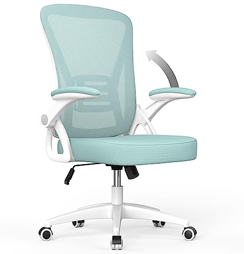 rattantree Silla de Oficina, Silla de Escritorio Ergonómica con Reposabrazos Plegables, Altura Ajustable, Soporte Lumbar, Silla Giratoria para Computadora con Cojín de Asiento Acolchado, Verde