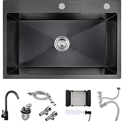 MBROS Fregadero de Cocina Negro, Fregadero de Barra de Montaje Superior de Acero Inoxidable, Fregadero de Cocina de un Solo tazón Nano, Fregadero Combinado, Fregadero de Servicio Moderno, Fregade