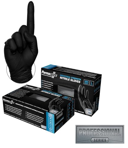PermaSafe HD Black Disposable Nitrile Industrial Gloves, 6+ Mil, Latex-Free, Raised Textured, Mechanics, Medical, Food, More - Large Box of 100