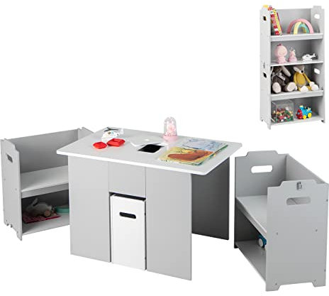 KOMFOTTEU 3 TLG. Kindersitzgruppe, Kindertisch mit 2 Stühlen aus MDF, multifunktionale Kindersitzgarnitur mit Stauraum, Aktivitätstisch für Kinder ab 3 Jahren, Grau + Weiß