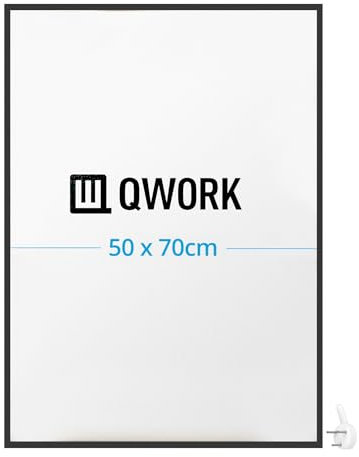 QWORK® Marco de Aluminio 50 x 70 cm - Negro Mate - Vidrio Acrílico Irrompible - para Montaje Vertical y Horizontal