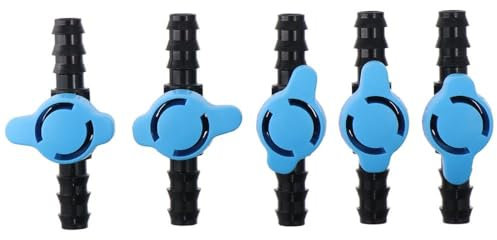 Fudeshe 5 válvulas de bola de púas en línea, crimpado de púas, interruptor de apagado de 16 mm, conectores de manguera con lengüeta de manguera, regular y apagar/encender el flujo de agua
