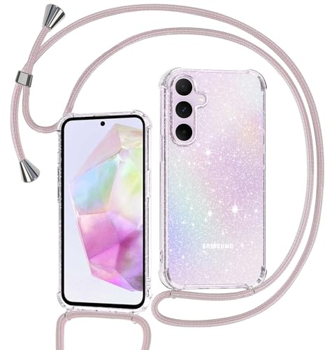 Tikgue Handykette für Samsung Galaxy A35 5G Hülle mit Band, Handyhülle mit Kordel zum Umhängen Schutzhülle mit Kette Glitzer Transparent Weich TPU Silikon Bumper - Roségold