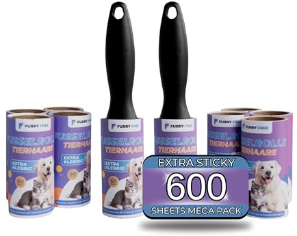 Furry Free fusselrolle tierhaare extra stark - 600 blatt fusselrollen set - fusselroller kleidung, boden usw - fusselrollen großpackung xxl 10 fusselrollen aufsätze à 60 bl. & 2 fusselrollenhalter
