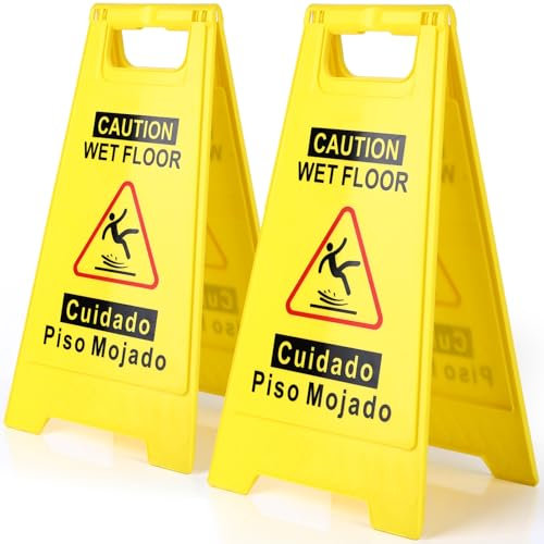 WOUSEDO Confezione da 2 cartelli di avvertimento sul pavimento bagnato, altezza 44,5 cm, giallo brillante su entrambi i lati, design pieghevole a forma di A, messaggio di cautela bilingue