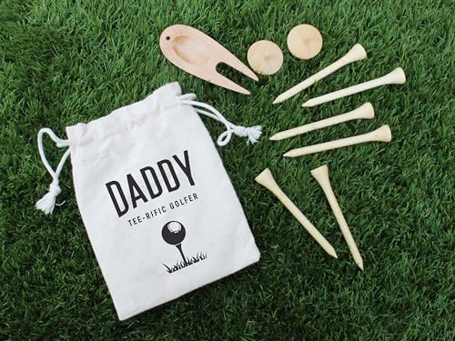 eBuyGB Tee-riffic Golfer Gift Set, Personalised Golf Accessories in Drawstring Bag with 2 Wooden Golf Ball Markers, 1 x Wooden Pitch Fork and 6 Wooden Golf Tees, Golfing Gift for Dad