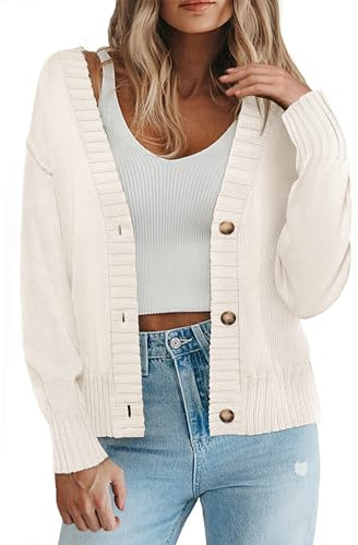 Zeagoo Chaqueta de punto para mujer elegante con botones, cuello en V, punto grueso, suelta, suave y acogedora, suéter con botones para otoño e invierno, Blanco, M
