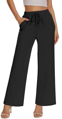 MELLIEX Damen Hosen Sommer, Casual Locker Leinenhose Freizeithose Palazzo Hose Weite Leg Hose Sommerhose Hohe Taille mit Tunnelzug und Taschen, Schwarz-L