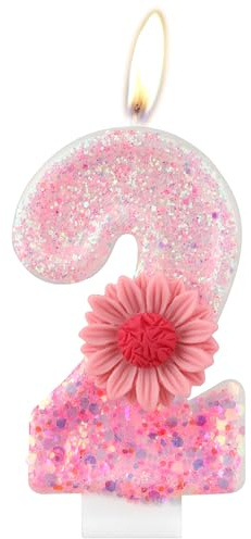 Candele di compleanno con numero margherita e fiore rosa glitterato, 2 candele per torta di compleanno