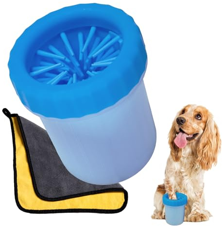 KDOTS Limpiador de patas de perro de silicona con paño suave para secar – Lava patas suave y seguro – Para perros de talla pequeña y mediana (azul, S/M)