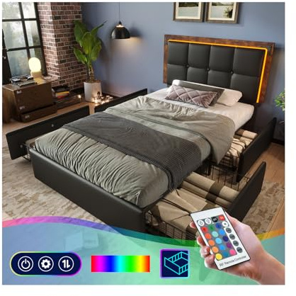 Bett 90x200 mit LED und 4 Schubladen, Polsterbett 90x200cm mit Höhenverstellbarem Kopfteil, Einzelbett mit Stauraum und Lattenrost, Stauraumbett Jugendbett Kinderbett Bettgestell aus PU -Schwarz