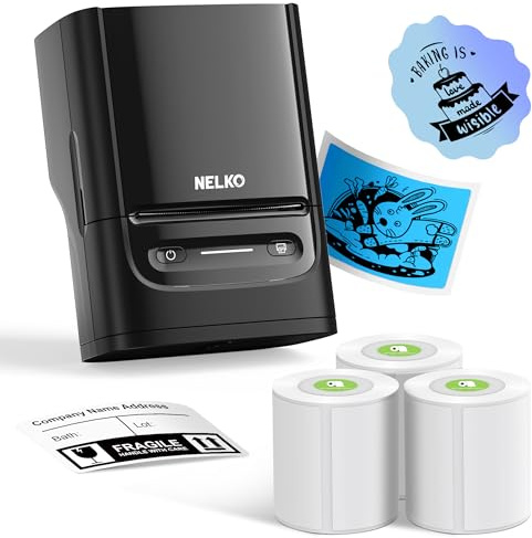 Nelko Bluethooth Etikettendrucker PM220, 2 Zoll Tragbarer Thermodrucker für Kleinunternehmen, Logo, Kleidung, Aufkleberdrucker für Telefone & PC, mit 3 Etiketten